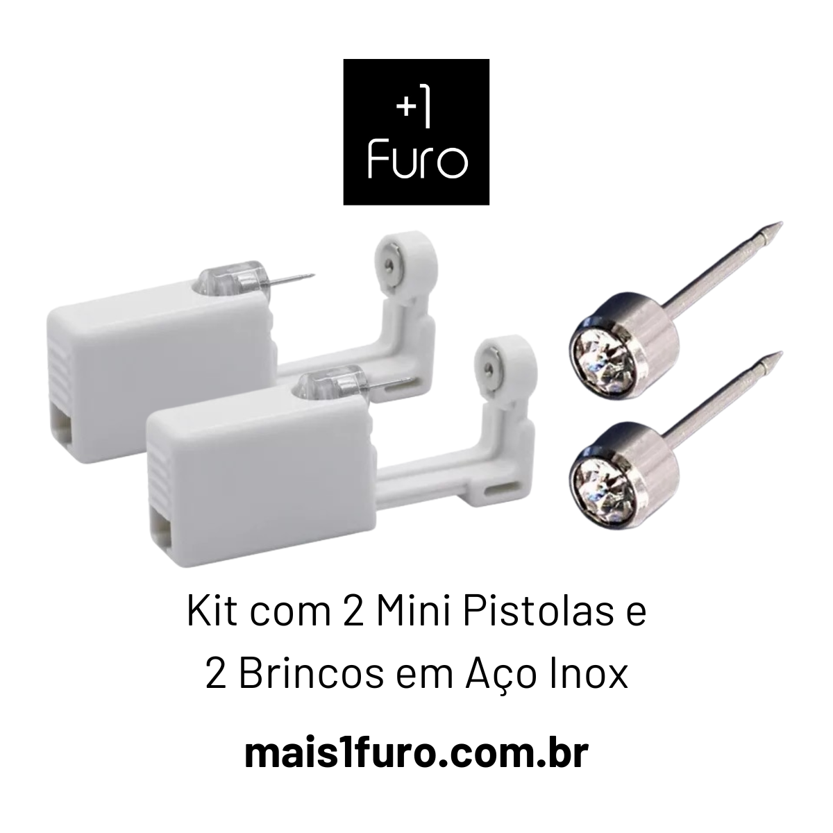 Kit com 2 brincos em aço inoxidável hipoalergênicos com pedra cristal e 2 pistolas plásticas descartáveis para aplicação