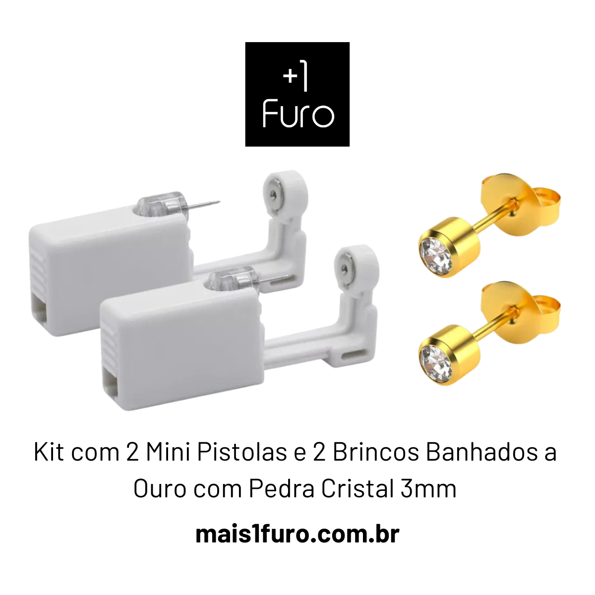Kit com 2 brincos banhados a ouro hipoalergênicos com pedra cristal e 2 pistolas plásticas descartáveis para aplicação