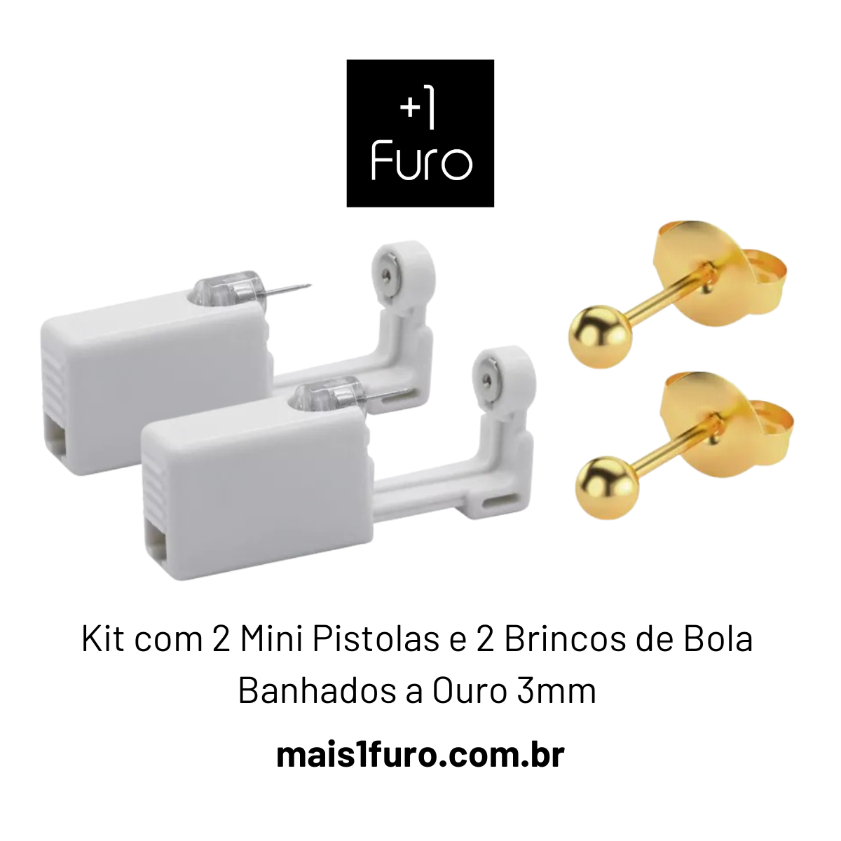 Kit com 2 brincos de bola banhados a ouro hipoalergênicos e 2 pistolas plásticas descartáveis para aplicação